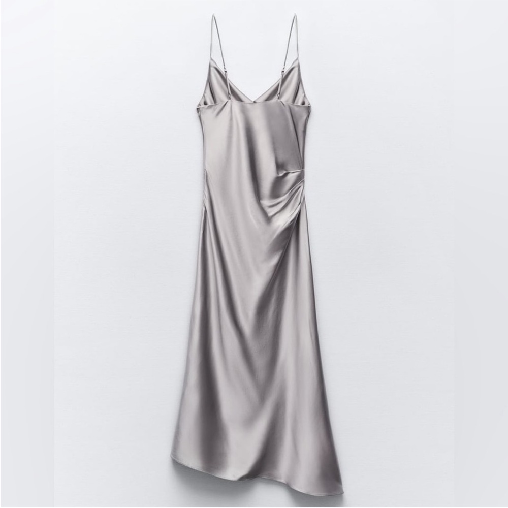 ZARA SILVER SATIN MIDI DRESS - Picture 7 of 10